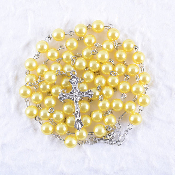 Handmade Imitation Pearl Cross Rosary Long Necklace Unisex Textured Tassel Sweater Chain Alloy Electroplated Geometric