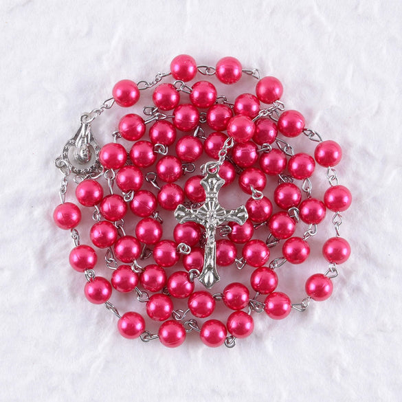 Handmade Imitation Pearl Cross Rosary Long Necklace Unisex Textured Tassel Sweater Chain Alloy Electroplated Geometric