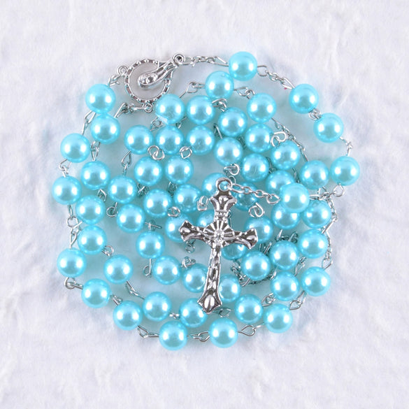 Handmade Imitation Pearl Cross Rosary Long Necklace Unisex Textured Tassel Sweater Chain Alloy Electroplated Geometric