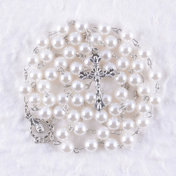 Handmade Imitation Pearl Cross Rosary Long Necklace Unisex Textured Tassel Sweater Chain Alloy Electroplated Geometric