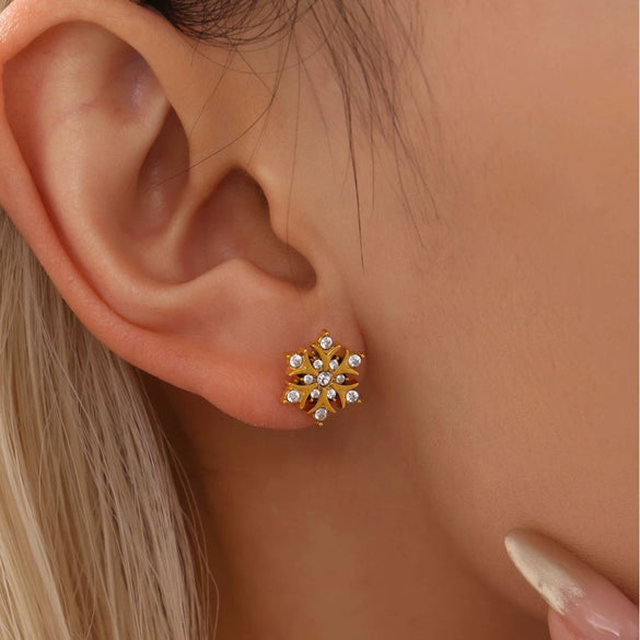 Handmade Inlaid Zircon Snowflake Earrings For Women Stainless Steel With 18K Real Gold Plated Geometric Style