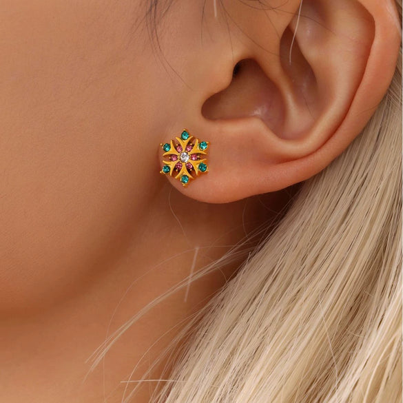 Handmade Inlaid Zircon Snowflake Earrings For Women Stainless Steel With 18K Real Gold Plated Geometric Style