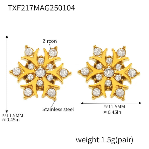 Handmade Inlaid Zircon Snowflake Women's Niche Fashion Stainless Steel 18K Gold Plated Geometric Earrings