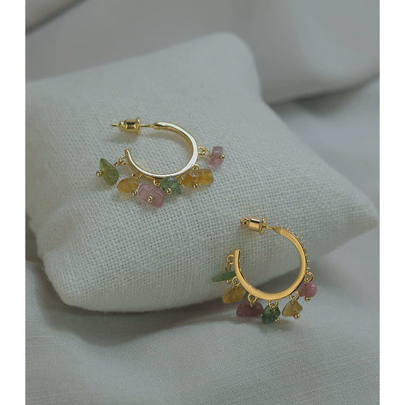 Handmade Irregular Tourmaline Diamond Round Earrings Elegant Circle Earrings 925 Sterling Silver For Women