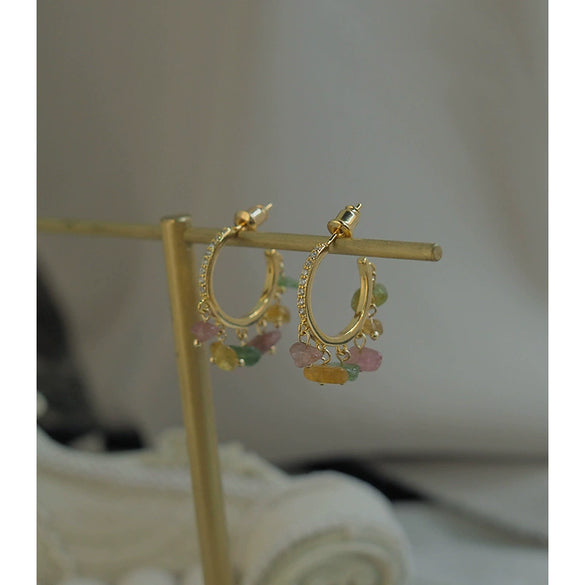 Handmade Irregular Tourmaline Diamond Round Earrings Elegant Circle Earrings 925 Sterling Silver For Women