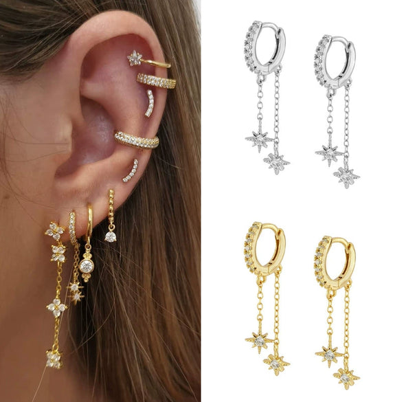 Handmade Light Luxury Women's Copper Plated Real Gold Sixpointed Star Zircon Tassel Earrings