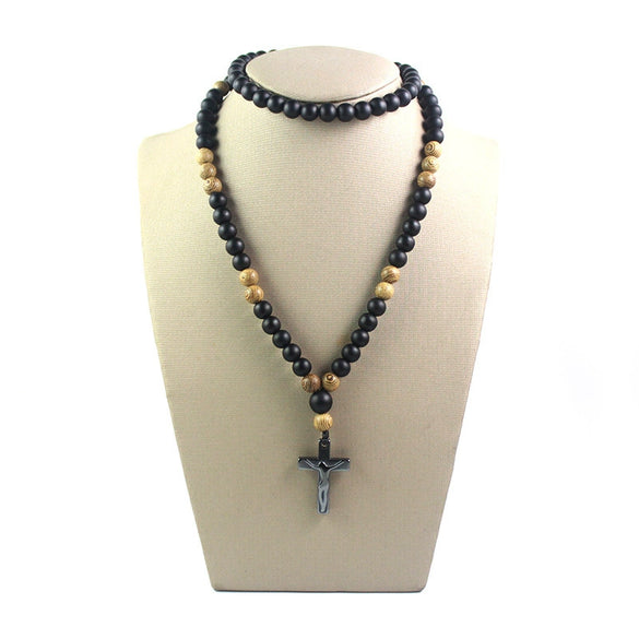 Handmade Long Chain Sweater Black Agate Cross Necklace With Wooden Beads For Men Wholesale