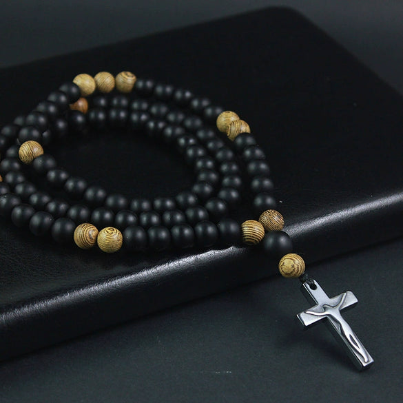 Handmade Long Chain Sweater Black Agate Cross Necklace With Wooden Beads For Men Wholesale