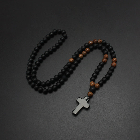 Handmade Long Chain Sweater Black Agate Cross Necklace With Wooden Beads For Men Wholesale