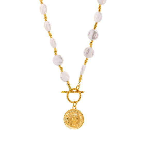Handmade Long Necklace With Stainless Steel Ot Buckle Elizabeth Figure Cut Out Flower Steel Ball Shell Beads Titanium Steel Pendant Geometric Shape Electroplating