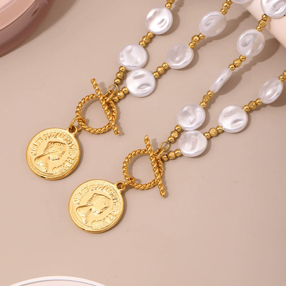 Handmade Long Necklace With Stainless Steel Ot Buckle Elizabeth Figure Cut Out Flower Steel Ball Shell Beads Titanium Steel Pendant Geometric Shape Electroplating