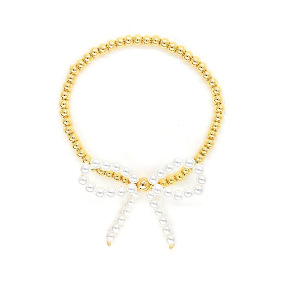 Handmade Metal Beaded Imitation Pearl Bow Women's Geometric Style Handwoven Bracelet