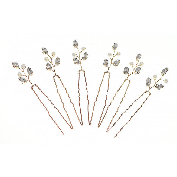 Handmade Metal Leaf And Petal Rhinestone Hairpin With Pearl Detail Gold Antique Finish Ushaped Bridal Hair Accessory
