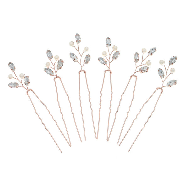 Handmade Metal Leaf And Petal Rhinestone Hairpin With Pearl Detail Gold Antique Finish Ushaped Bridal Hair Accessory