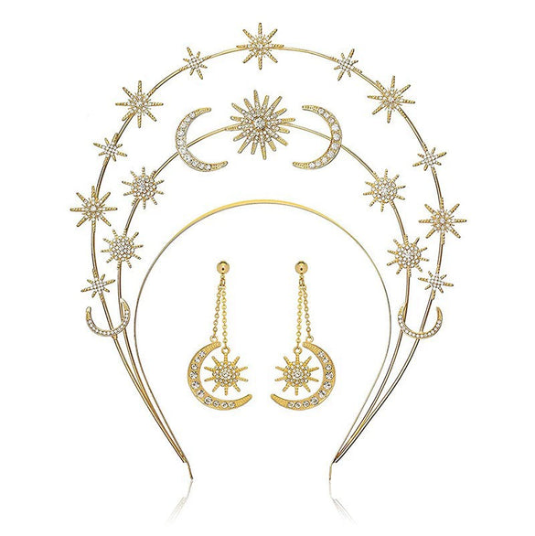Handmade Metal Star Moon Crown Headband And Long Earrings For Women