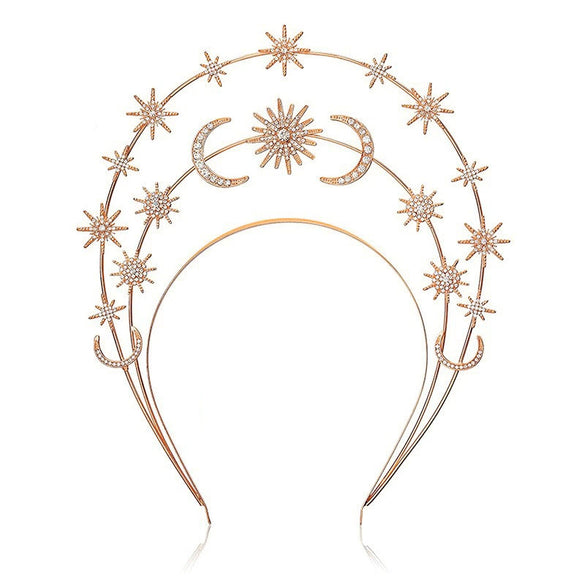 Handmade Metal Star Moon Crown Headband And Long Earrings For Women