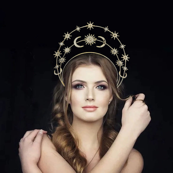 Handmade Metal Star Moon Crown Headband And Long Earrings For Women
