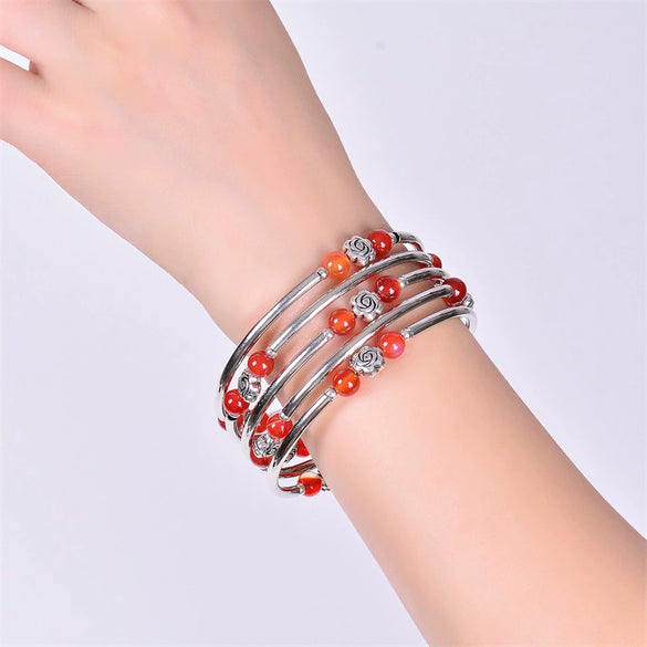 Handmade Multi Layer Beaded Wrap Bracelet With Turquoise Red Agate And Snakeskin Stone For Women And Unisex