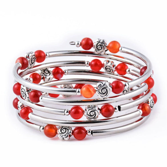 Handmade Multi Layer Beaded Wrap Bracelet With Turquoise Red Agate And Snakeskin Stone For Women And Unisex