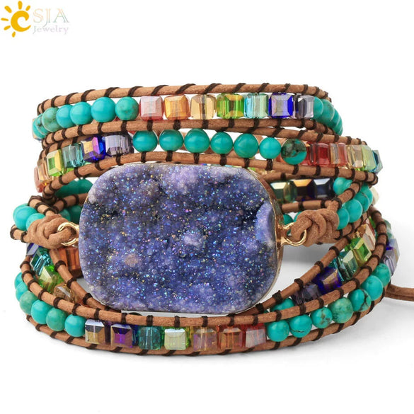 Handmade Multilayer Wrapped Leather Bracelet With Natural Crystal And Purple Druzy Quartz Irregular Beads For Unisex