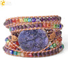 Handmade Multilayer Wrapped Leather Bracelet With Natural Crystal And Purple Druzy Quartz Irregular Beads For Unisex