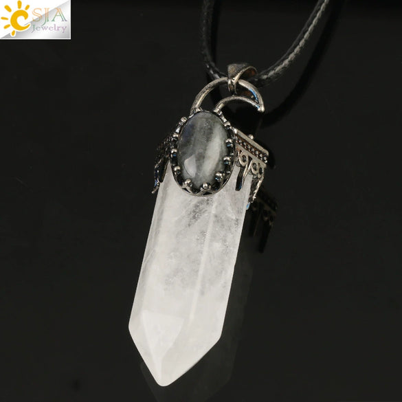 Handmade Natural Crystal Hexagonal Pyramid Pendant Necklace With Moonstone And Amethyst Ball Chain Unisex Jewelry