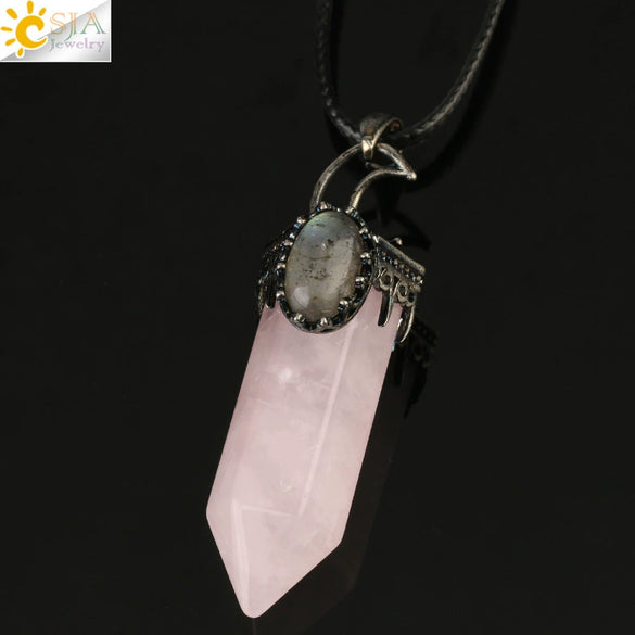 Handmade Natural Crystal Hexagonal Pyramid Pendant Necklace With Moonstone And Amethyst Ball Chain Unisex Jewelry