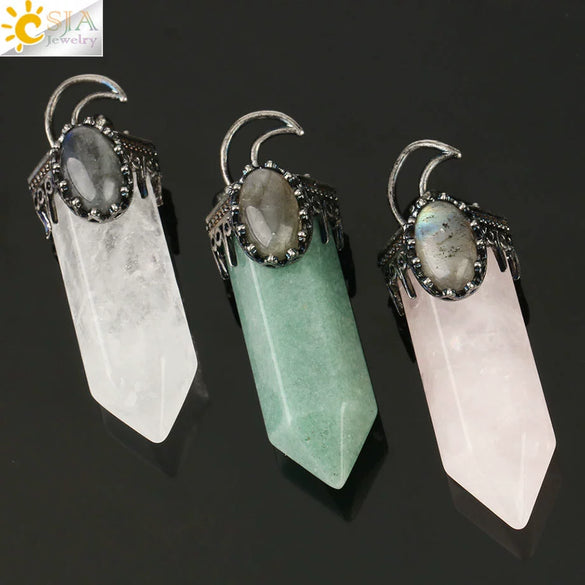 Handmade Natural Crystal Hexagonal Pyramid Pendant Necklace With Moonstone And Amethyst Ball Chain Unisex Jewelry