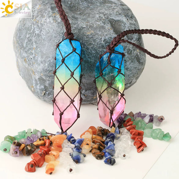 Handmade Natural Crystal Stone Pendant With Colorful Irregular Crystal Gravel And Long Column Decorative Jewelry