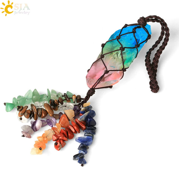 Handmade Natural Crystal Stone Pendant With Colorful Irregular Crystal Gravel And Long Column Decorative Jewelry
