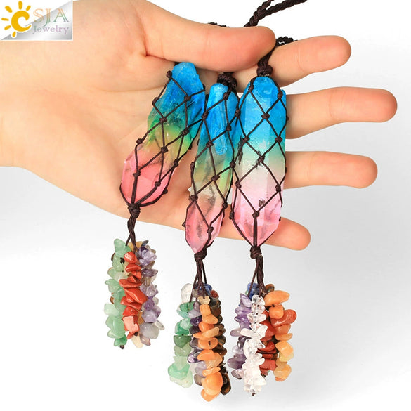 Handmade Natural Crystal Stone Pendant With Colorful Irregular Crystal Gravel And Long Column Decorative Jewelry