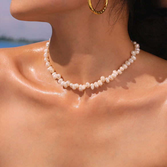 Handmade Natural Freshwater Cultured Pearl Necklace With French Baroque Style Electroplated Stainless Steel Chain Geometric Shape