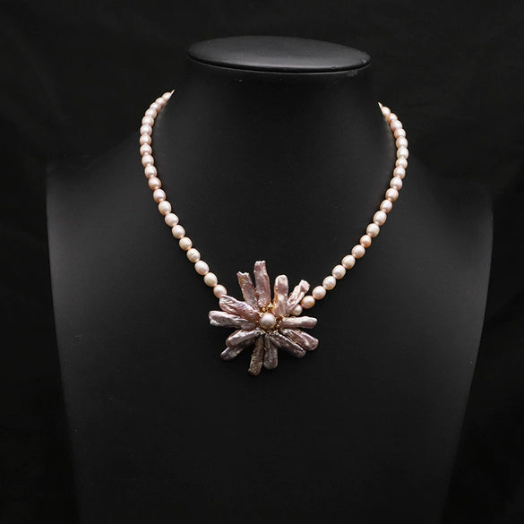 Handmade Natural Freshwater Pearl Baroque Flower Clavicle Necklace Jewelry 18K Gold Accessories