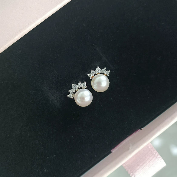 Handmade Natural Freshwater Pearl S925 Sterling Silver Crown Shape Elegant Women's Earrings