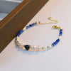 Handmade Natural Pearl And Lapis Lazuli Stone Bracelet With Letters Numbers Text Pattern For Women
