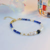 Handmade Natural Pearl And Lapis Lazuli Stone Bracelet With Letters Numbers Text Pattern For Women