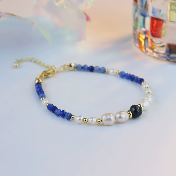 Handmade Natural Pearl And Lapis Lazuli Stone Bracelet With Letters Numbers Text Pattern For Women