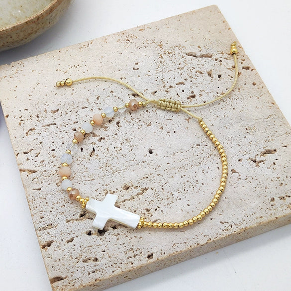 Handmade Natural Shell Geometric Cross Woven Women's Bracelet