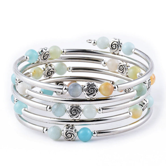Handmade Natural Stone Beaded Bracelet With Snakeskin Print And Turquoise Accent Multi Layer Multi Loop Geometric Style For Women