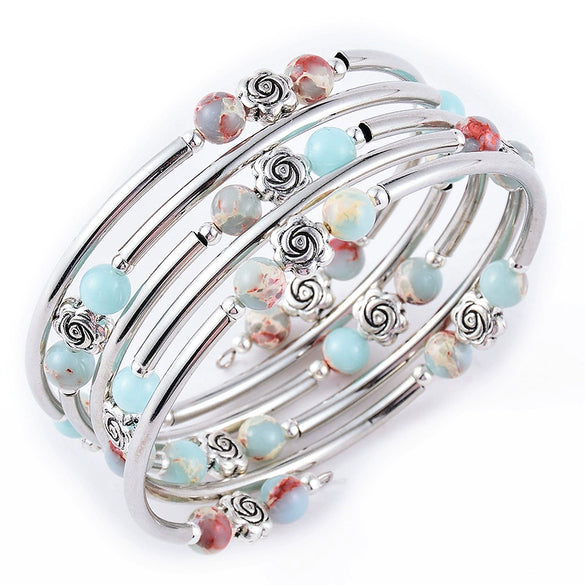 Handmade Natural Stone Beaded Bracelet With Snakeskin Print And Turquoise Accent Multi Layer Multi Loop Geometric Style For Women