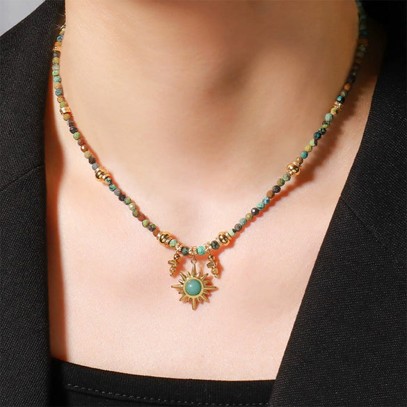 Handmade Natural Stone Beaded Necklace For Women Copper Turquoise Geometric Pendant Chain