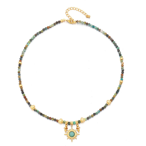 Handmade Natural Stone Beaded Necklace For Women Copper Turquoise Geometric Pendant Chain