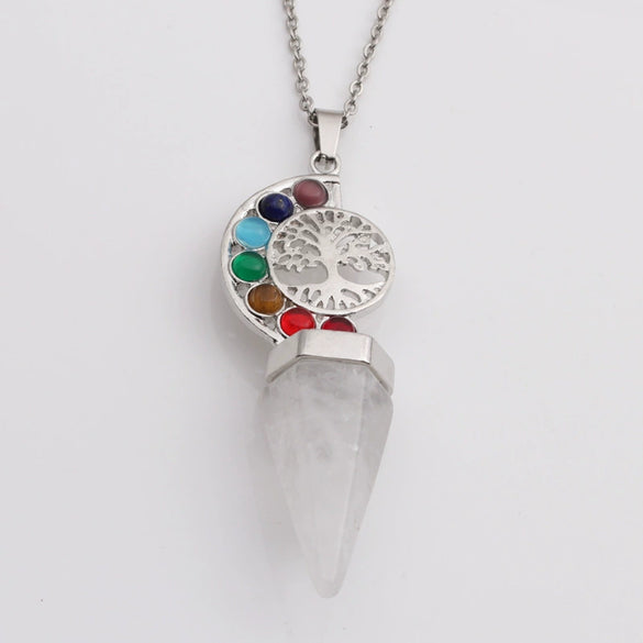 Handmade Natural Stone Cone Pendant Necklace With Tiger Eye And Amethyst On Stainless Steel O Chain Geometric Alloy Pendant For Women