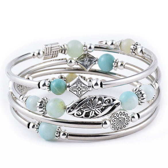 Handmade Natural Stone Layered Multi Loop Beaded Bracelet With Turquoise And Emperor Stone Geometric Style