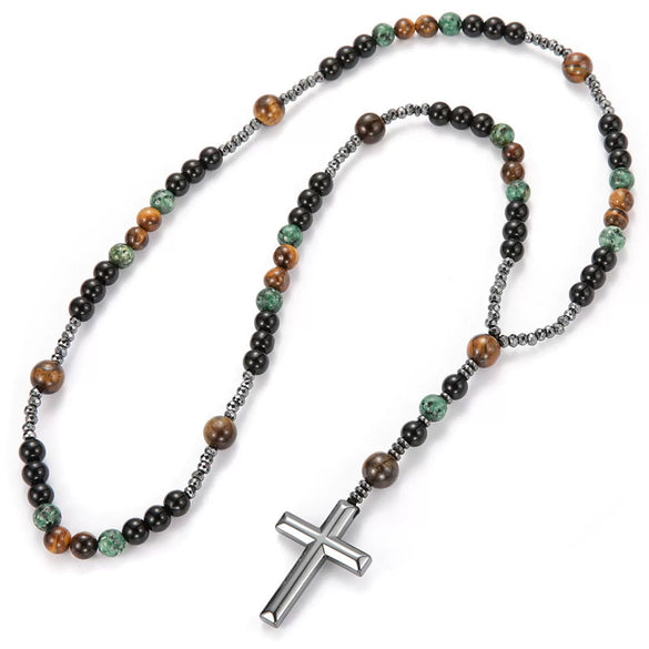 Handmade Natural Stone Obsidian Cross Pendant Rosary Necklace Casual Unisex Jewelry For Men And Women