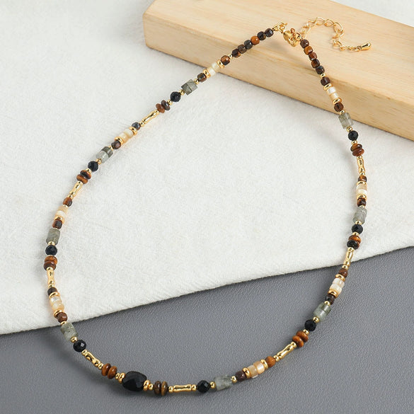 Handmade Natural Stone Shell Copper Geometric Beaded Necklace For Women