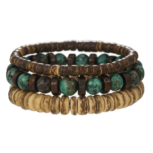 Handmade Natural Stone Wood Chip Coconut Shell Elastic Beaded Bracelet Geometric Style Unisex