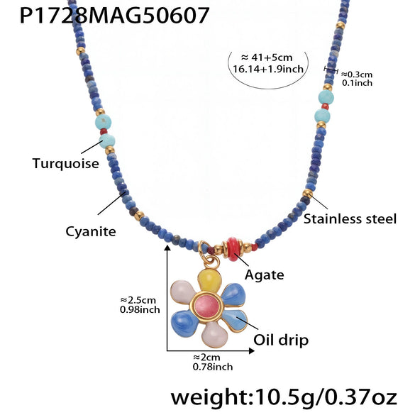 Handmade Oil Drop Flower Agate Abacus Beaded Clavicle Necklace For Girls Stainless Steel With Electroplating Geometric Shape