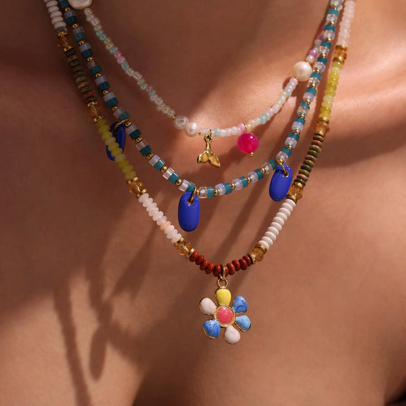 Handmade Oil Drop Flower Agate Abacus Beaded Clavicle Necklace For Girls Stainless Steel With Electroplating Geometric Shape