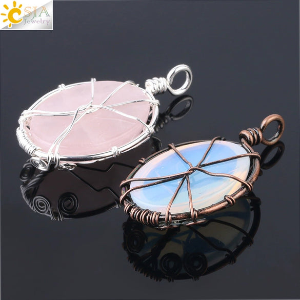 Handmade Oval Natural Amethyst And Pink Crystal Semi Precious Stone Pendant With Copper Wire Wrapped Electroplated Jewelry For Unisex